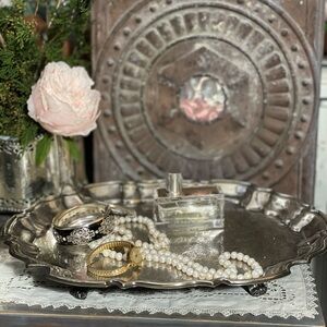 Vintage Leonard Silver ornate pedestal vanity scalloped tray French Country deco